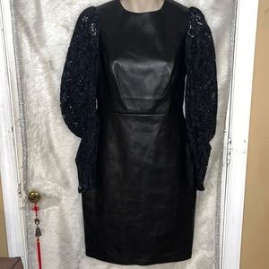 Express Black Vegan Leather & Lace Puff Sleeve Dress
